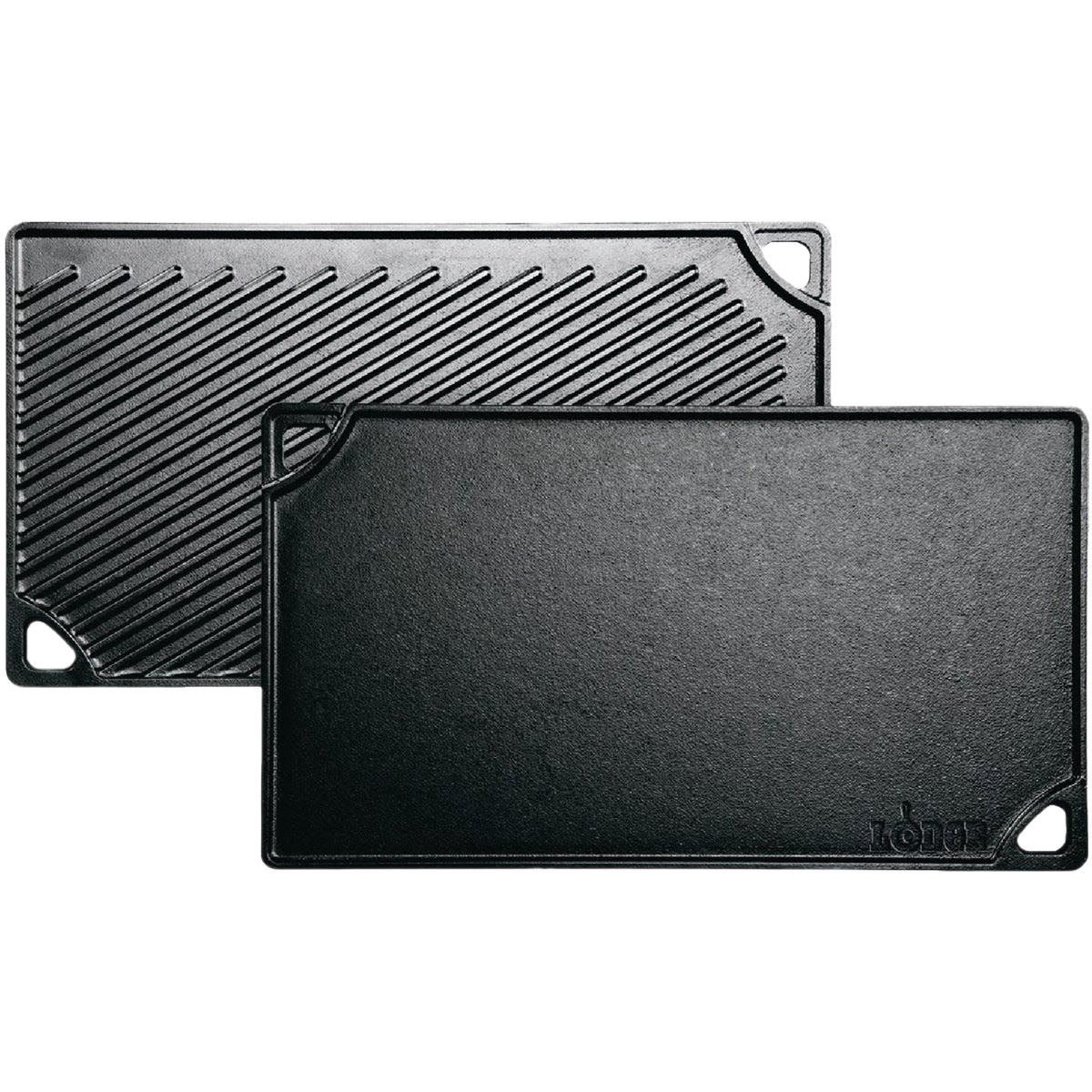 Durable black cast iron griddle with smooth and ribbed reversible surfaces for versatile stovetop, grill, or campfire cooking, handcrafted in the USA, ideal for Kitchen & Food and Cookware collections.
