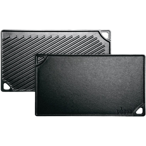 Durable black cast iron griddle with smooth and ribbed reversible surfaces for versatile stovetop, grill, or campfire cooking, handcrafted in the USA, ideal for Kitchen & Food and Cookware collections.