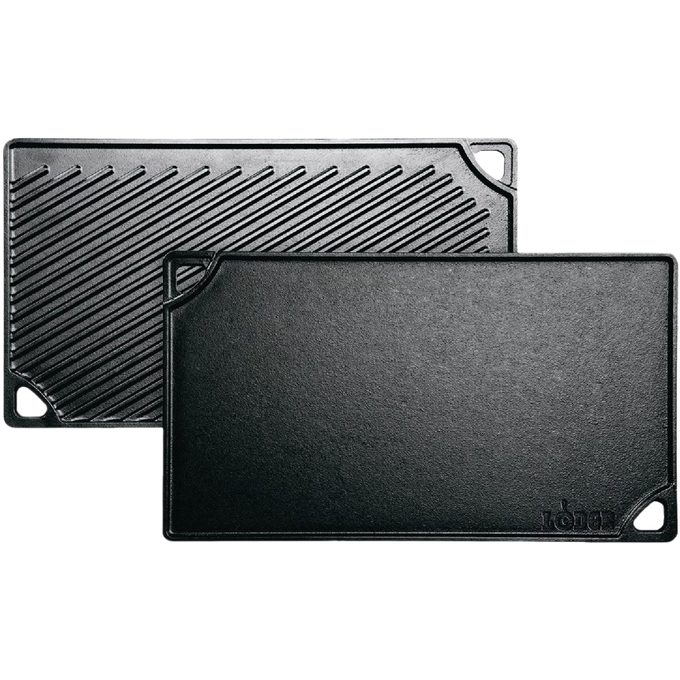 Durable black cast iron griddle with smooth and ribbed reversible surfaces for versatile stovetop, grill, or campfire cooking, handcrafted in the USA, ideal for Kitchen & Food and Cookware collections.