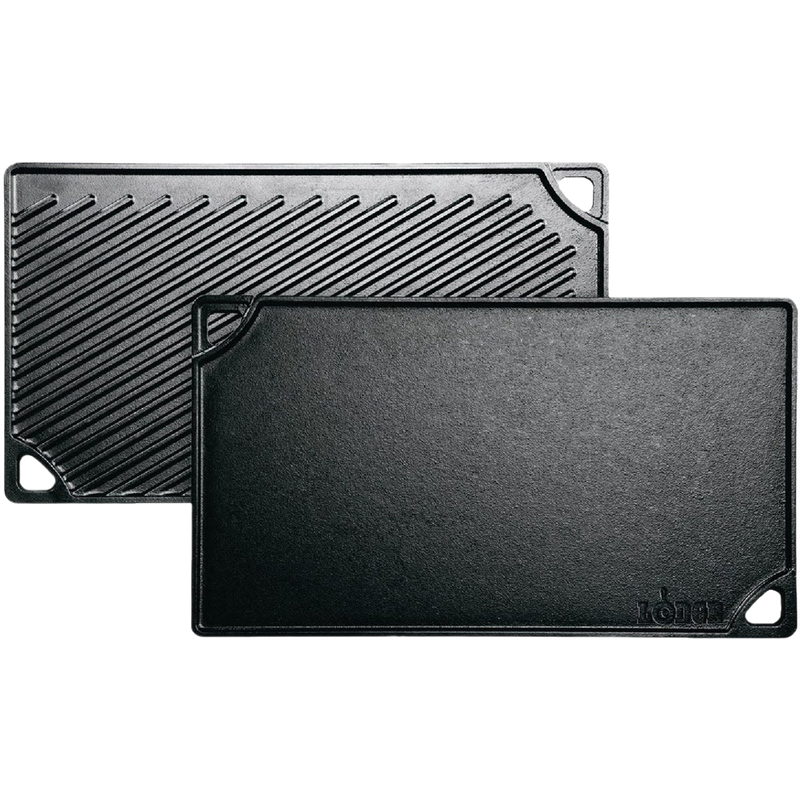 Durable black cast iron griddle with smooth and ribbed reversible surfaces for versatile stovetop, grill, or campfire cooking, handcrafted in the USA, ideal for Kitchen & Food and Cookware collections.
