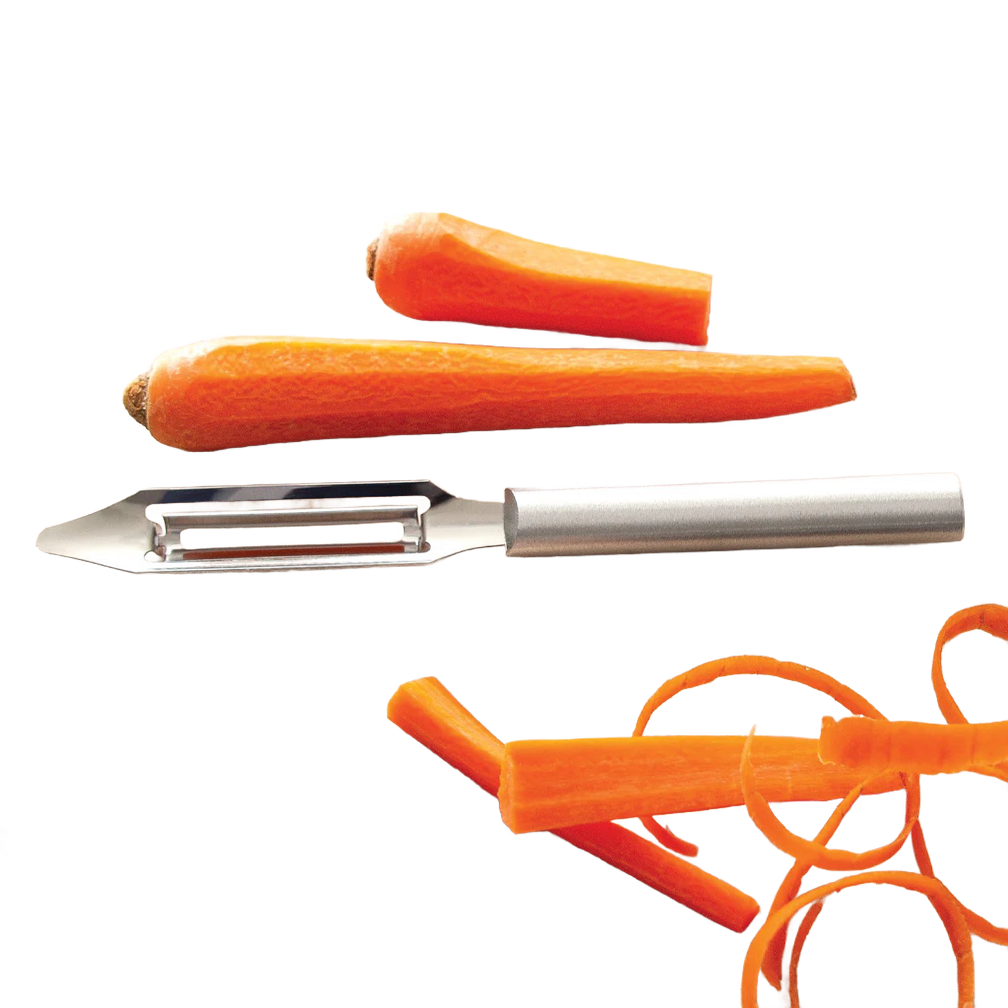 Handcrafted vegetable peeler with razor-sharp stainless steel blade and solid aluminum handle peeling a fresh carrot, made in USA, ideal for Kitchen & Food, Specialty Equipment, Peelers and Pitters, USA Made, Best Sellers, Promo Eligible collections.
