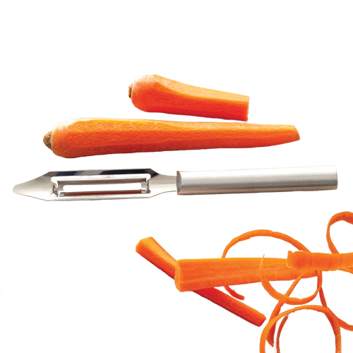 Handcrafted vegetable peeler with razor-sharp stainless steel blade and solid aluminum handle peeling a fresh carrot, made in USA, ideal for Kitchen & Food, Specialty Equipment, Peelers and Pitters, USA Made, Best Sellers, Promo Eligible collections.