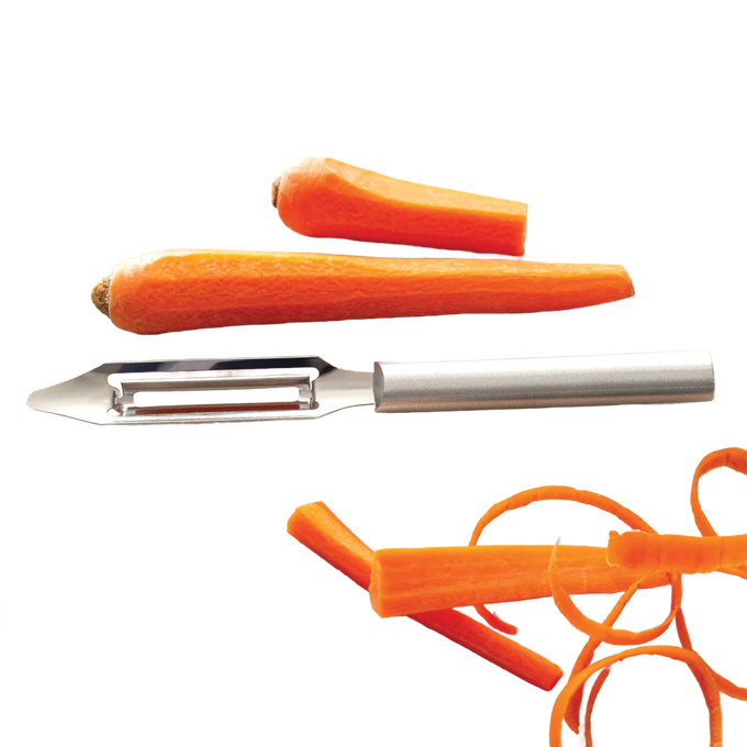 Handcrafted vegetable peeler with razor-sharp stainless steel blade and solid aluminum handle peeling a fresh carrot, made in USA, ideal for Kitchen & Food, Specialty Equipment, Peelers and Pitters, USA Made, Best Sellers, Promo Eligible collections.