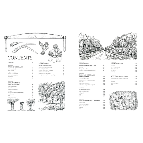 Illustrated guide pages showing woodland management tips with detailed text, diagrams of trees, tools, and a forest pathway, styled in a vintage, instructional format.