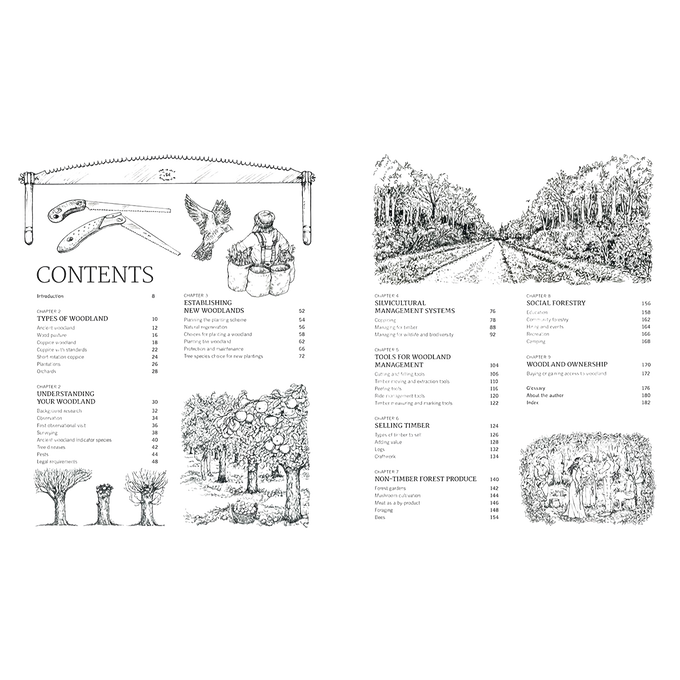 Illustrated guide pages showing woodland management tips with detailed text, diagrams of trees, tools, and a forest pathway, styled in a vintage, instructional format.