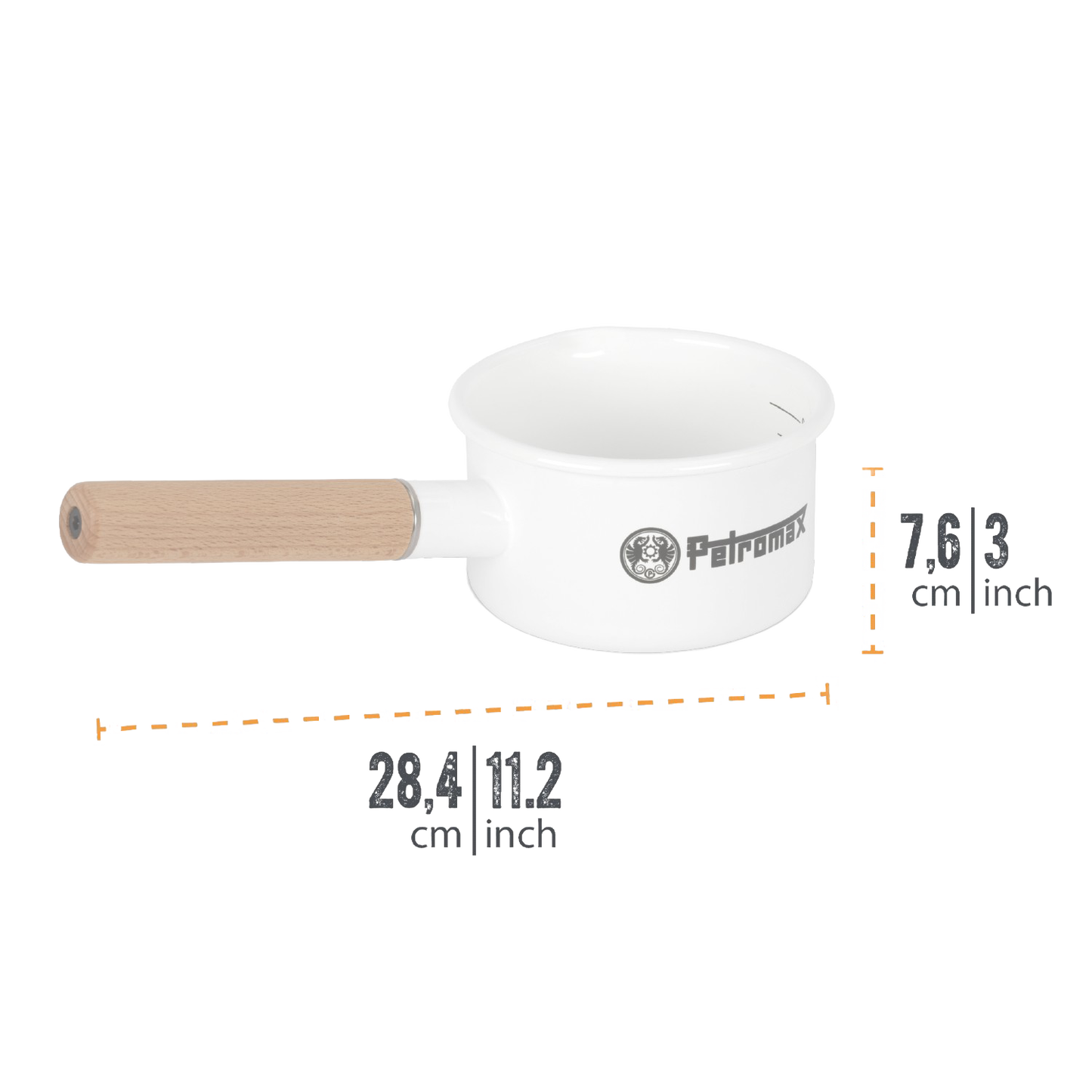 White enamel pan with a natural wooden handle, featuring interior measurement lines in liters, designed for durable outdoor cooking in Farm, Garden & Tool, Kitchen & Food, Camping, Cookware, Pots and Pans collections.