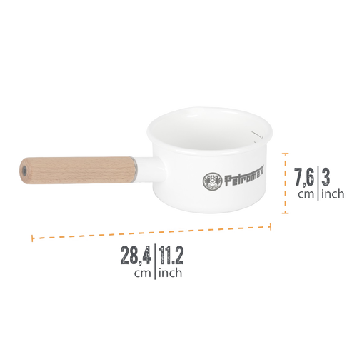 White enamel pan with a natural wooden handle, featuring interior measurement lines in liters, designed for durable outdoor cooking in Farm, Garden & Tool, Kitchen & Food, Camping, Cookware, Pots and Pans collections.