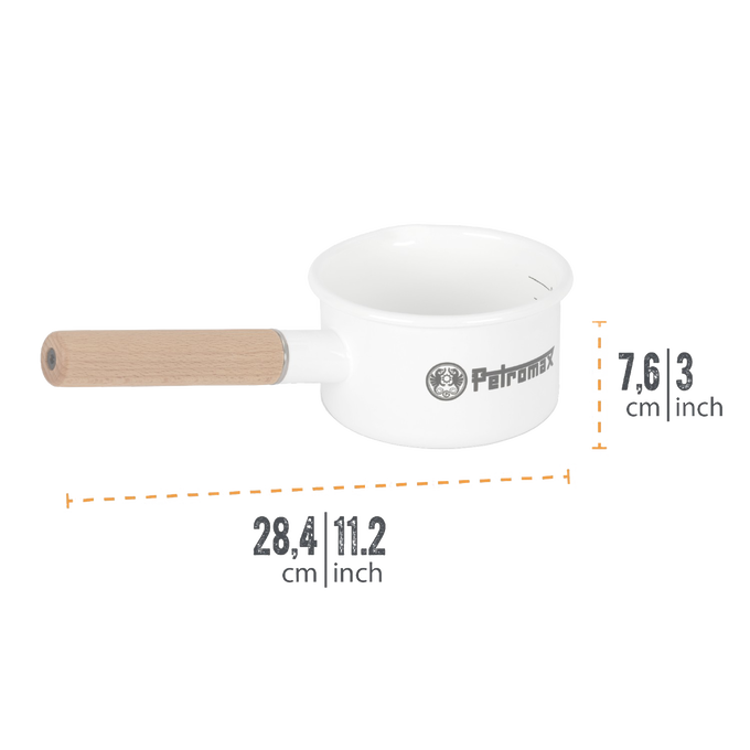 White enamel pan with a natural wooden handle, featuring interior measurement lines in liters, designed for durable outdoor cooking in Farm, Garden & Tool, Kitchen & Food, Camping, Cookware, Pots and Pans collections.