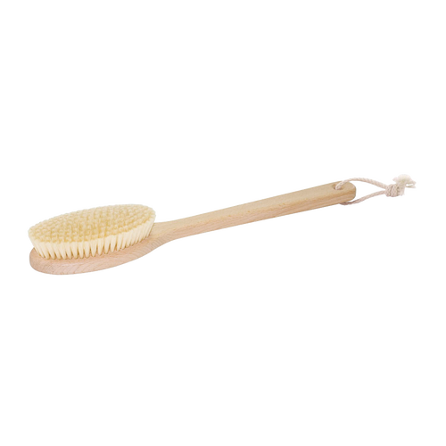 Natural bristle bath brush with a smooth oiled beechwood handle and hanging loop, designed for invigorating exfoliation and gentle cleansing, featured in Health & Wellness and Grooming collections.