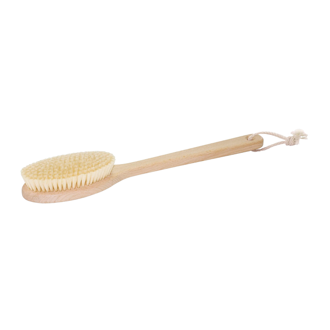 Natural bristle bath brush with a smooth oiled beechwood handle and hanging loop, designed for invigorating exfoliation and gentle cleansing, featured in Health & Wellness and Grooming collections.