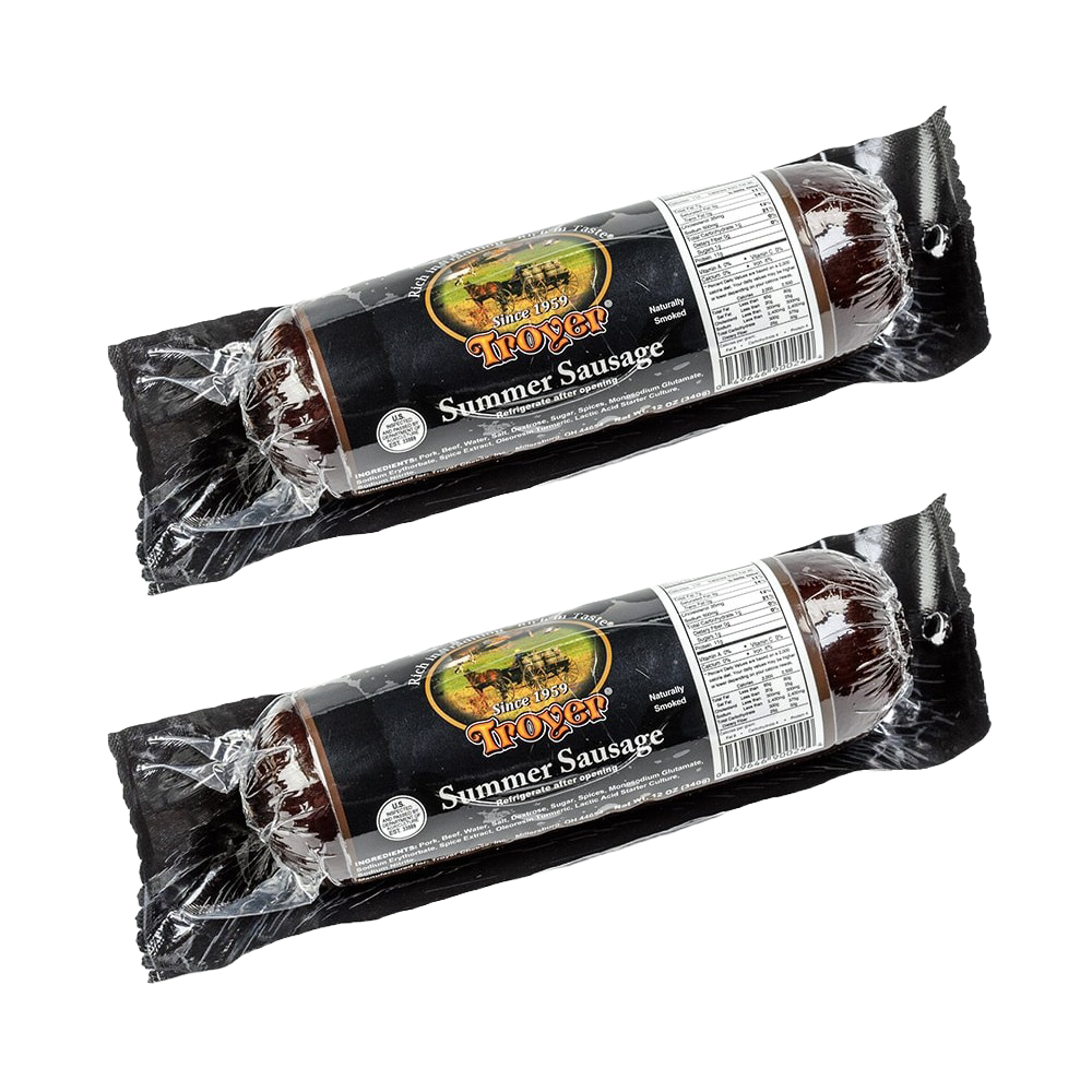 Two vacuum-sealed packages of handcrafted summer sausage made in USA with a blend of pork and beef, perfect for Kitchen & Food, Snacks and Sweets, Pantry, Meats, and Best Sellers collections.