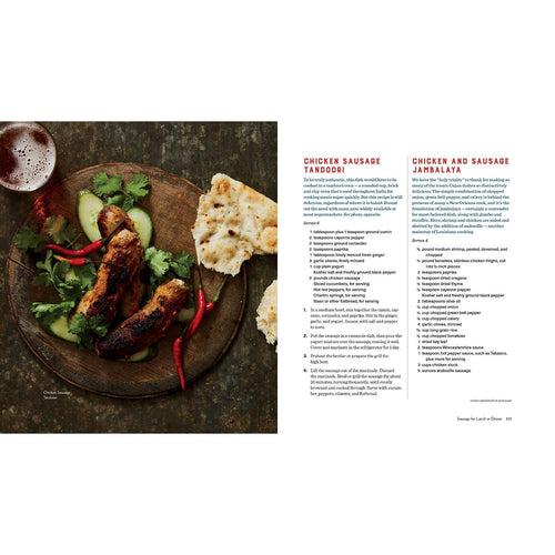 Open spread of a home sausage making book featuring a plated serving of tandoori chicken sausages with naan bread and herbs, alongside detailed recipes for chicken sausage tandoori and chicken and sausage jambalaya, ideal for cookbooks in Books, Cookbooks, and Home and Garden How-To Books collections.