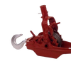Heavy-duty red iron puller featuring thick steel gears, iron ratchet, and a strong cable with a large metal hook, designed for farm and hand tool use, made in USA.