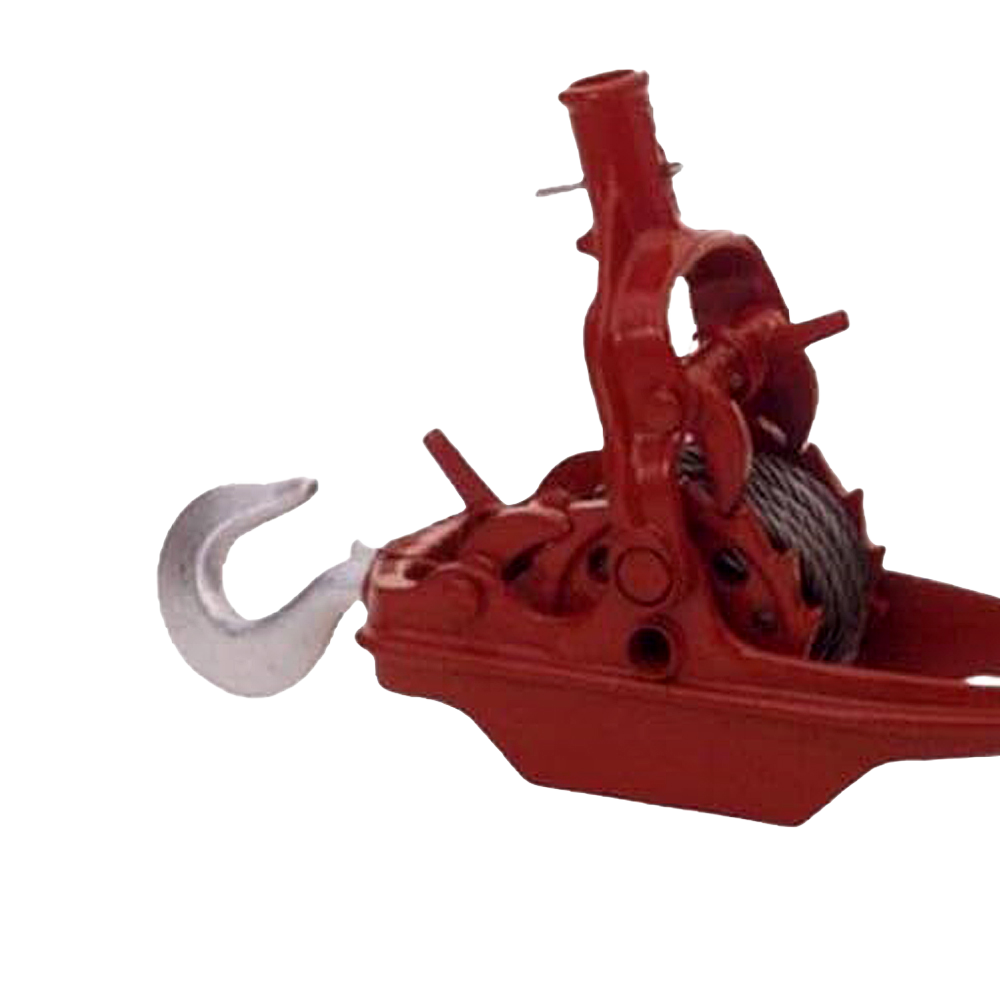 Heavy-duty red iron puller featuring thick steel gears, iron ratchet, and a strong cable with a large metal hook, designed for farm and hand tool use, made in USA.