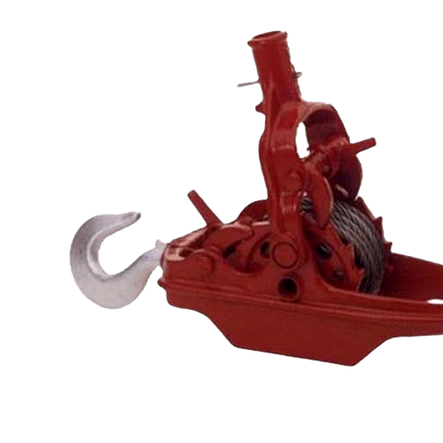 Heavy-duty red iron puller featuring thick steel gears, iron ratchet, and a strong cable with a large metal hook, designed for farm and hand tool use, made in USA.