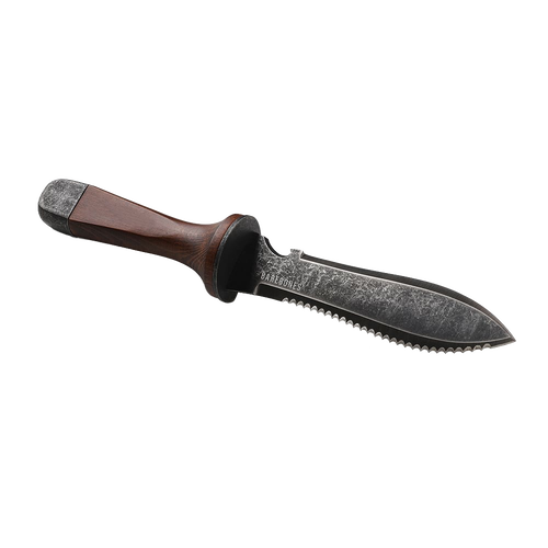 Garden hand tool with a heat-treated stainless steel serrated blade and a polished wooden handle, designed for digging and cultivating in Farm, Garden & Tool and Best Sellers collections.