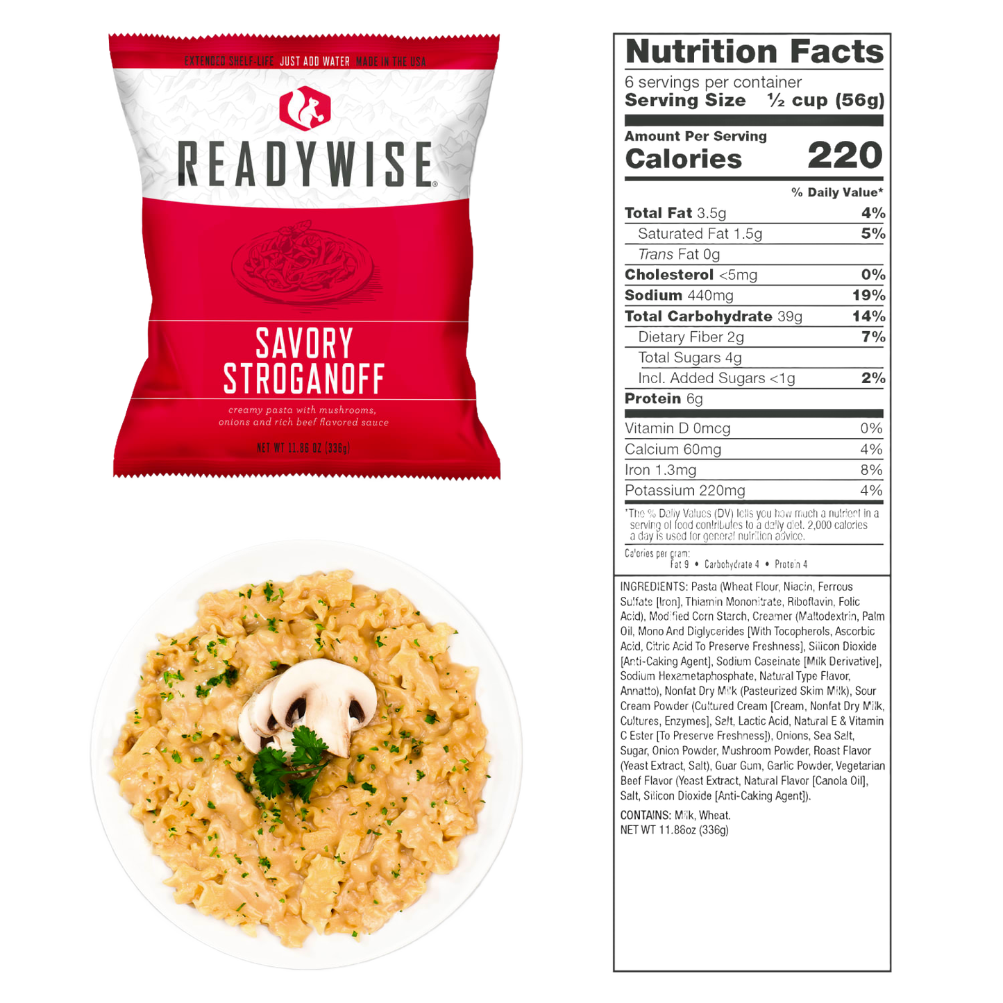 ReadyWise Savory Stroganoff freeze-dried meal pouch with creamy pasta and mushroom sauce, served on a white plate garnished with mushroom slice and parsley, with nutrition facts panel, featured in Emergency Supplies, Kitchen & Food, Pantry, USA Made, and Best Sellers collections.