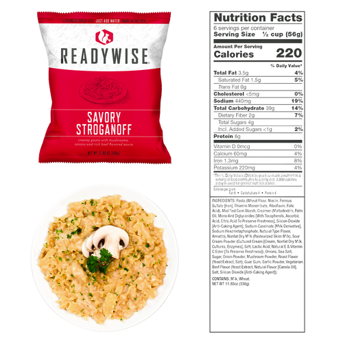ReadyWise Savory Stroganoff freeze-dried meal pouch with creamy pasta and mushroom sauce, served on a white plate garnished with mushroom slice and parsley, with nutrition facts panel, featured in Emergency Supplies, Kitchen & Food, Pantry, USA Made, and Best Sellers collections.