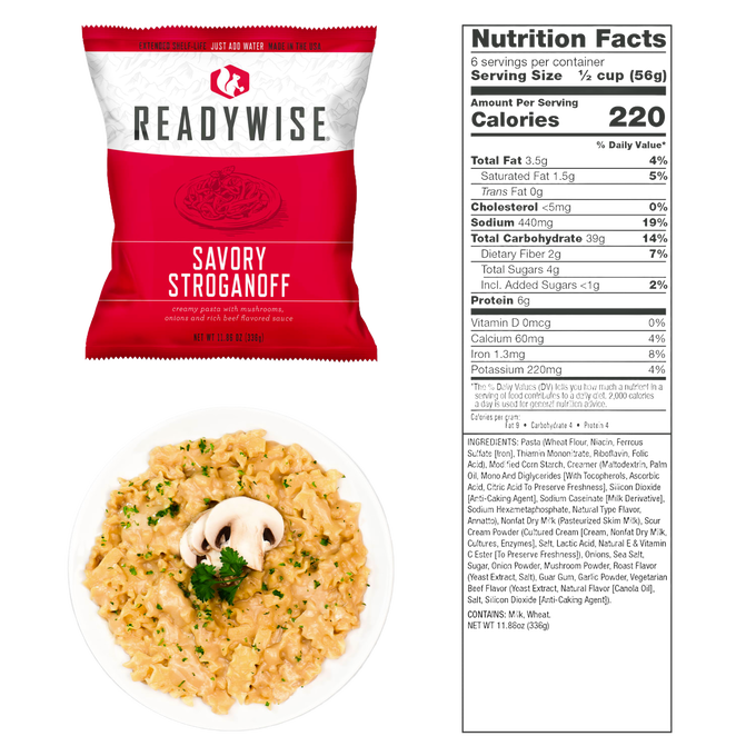 ReadyWise Savory Stroganoff freeze-dried meal pouch with creamy pasta and mushroom sauce, served on a white plate garnished with mushroom slice and parsley, with nutrition facts panel, featured in Emergency Supplies, Kitchen & Food, Pantry, USA Made, and Best Sellers collections.