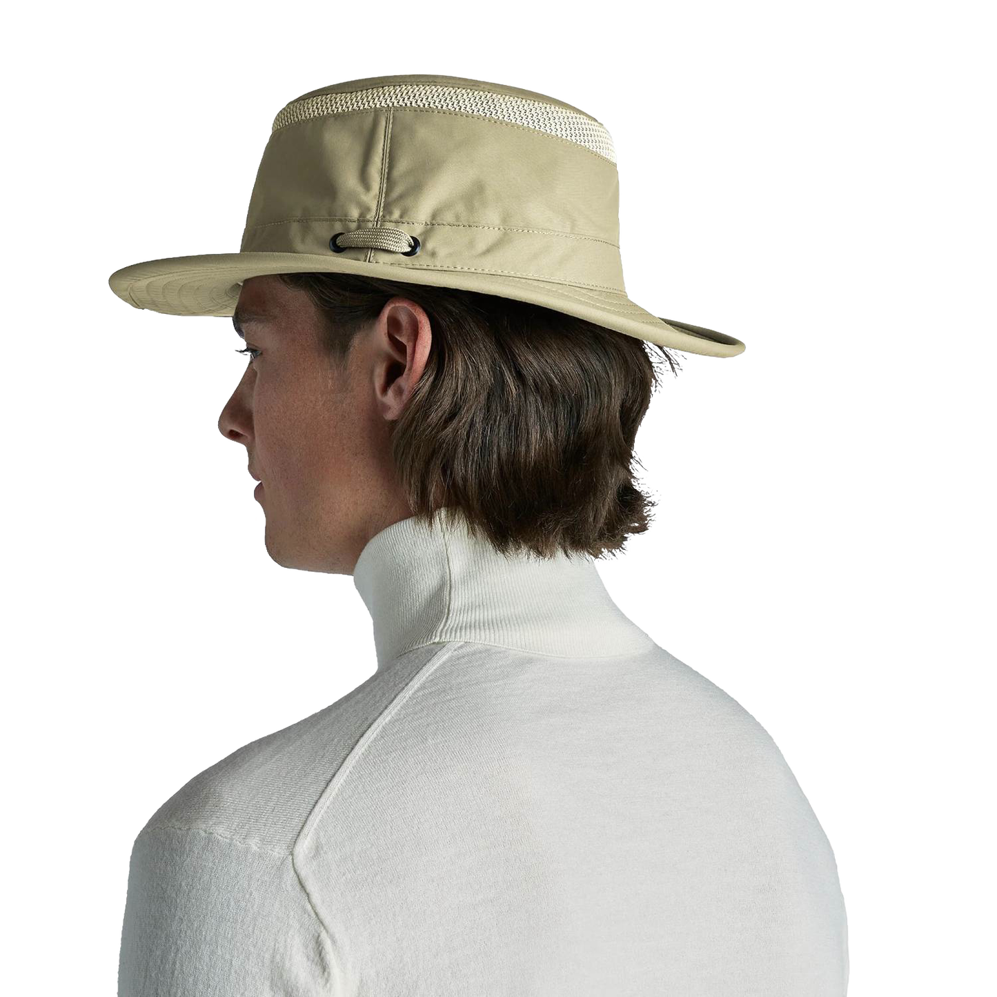 Side profile of a person wearing a khaki medium-brim hat with mesh ventilation, designed for outdoor sun and rain protection, suitable for camping and garden accessories collections.