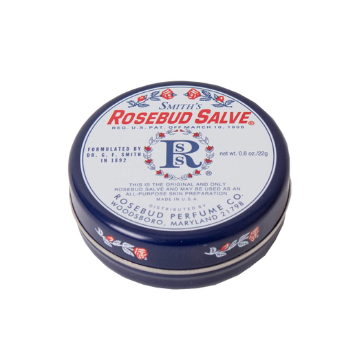 Round metal tin of Original Rosebud Salve with blue and white vintage label, handcrafted and made in USA, ideal for Health & Wellness and Health Remedies collections.