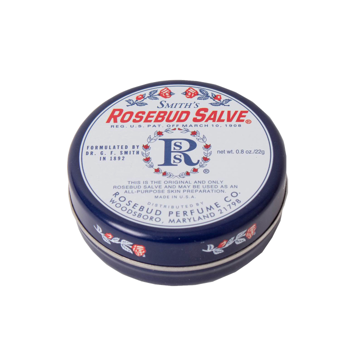 Round metal tin of Original Rosebud Salve with blue and white vintage label, handcrafted and made in USA, ideal for Health & Wellness and Health Remedies collections.