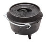 Cast iron Dutch oven with sturdy legs, fitted lid featuring embossed design and a metal bail handle, ideal for outdoor cooking and baking, part of Kitchen & Food and Cast Iron collections.