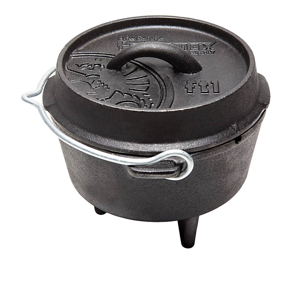 Cast iron Dutch oven with sturdy legs, fitted lid featuring embossed design and a metal bail handle, ideal for outdoor cooking and baking, part of Kitchen & Food and Cast Iron collections.
