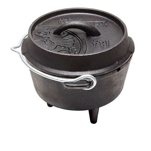 Cast iron Dutch oven with sturdy legs, fitted lid featuring embossed design and a metal bail handle, ideal for outdoor cooking and baking, part of Kitchen & Food and Cast Iron collections.