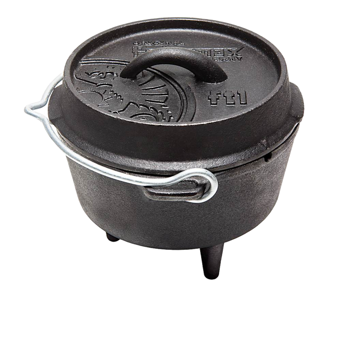 Cast iron Dutch oven with sturdy legs, fitted lid featuring embossed design and a metal bail handle, ideal for outdoor cooking and baking, part of Kitchen & Food and Cast Iron collections.