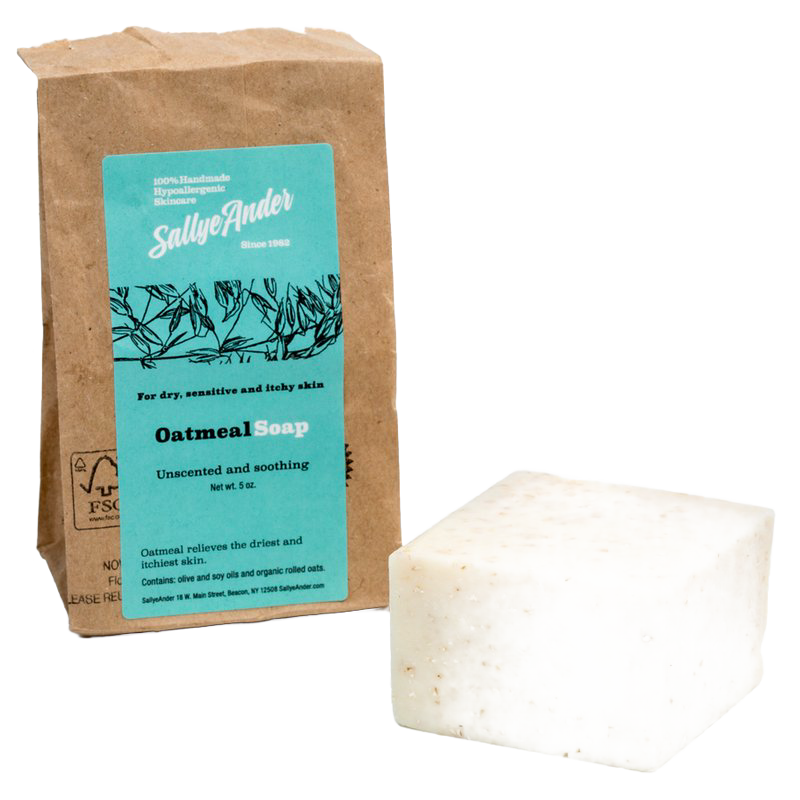 Handcrafted unscented oatmeal soap bar with a creamy off-white color and visible oat flecks, made in USA, ideal for Health & Wellness, Grooming and Personal Hygiene, Soaps, and Best Sellers collections.