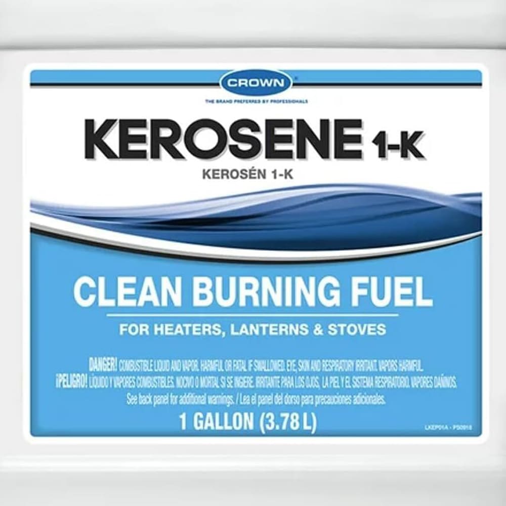 1-gallon container of Crown 1-K kerosene fuel, made in USA, offering clean-burning energy for heaters, lanterns, and stoves, perfect for farm, garden, emergency, and lamp fuel collections.