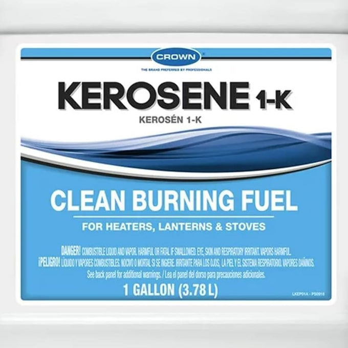 1-gallon container of Crown 1-K kerosene fuel, made in USA, offering clean-burning energy for heaters, lanterns, and stoves, perfect for farm, garden, emergency, and lamp fuel collections.