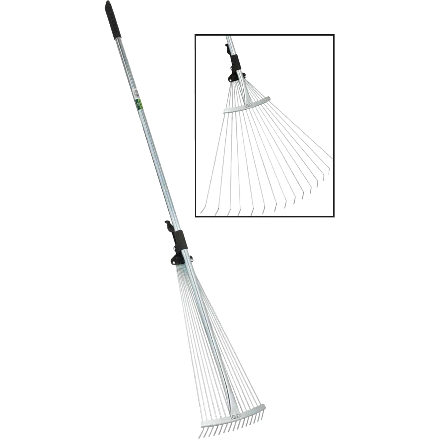 Adjustable garden rake with 15 steel tines and black rubber grips, expanding from 7 to 25 inches wide for efficient lawncare, featured in Farm, Garden & Tool and Best Sellers collections.
