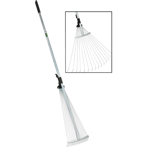 Adjustable garden rake with 15 steel tines and black rubber grips, expanding from 7 to 25 inches wide for efficient lawncare, featured in Farm, Garden & Tool and Best Sellers collections.