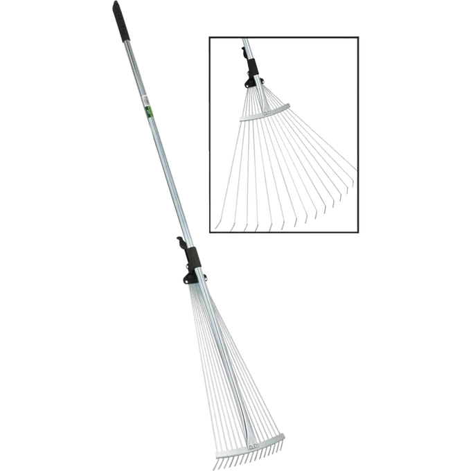 Adjustable garden rake with 15 steel tines and black rubber grips, expanding from 7 to 25 inches wide for efficient lawncare, featured in Farm, Garden & Tool and Best Sellers collections.