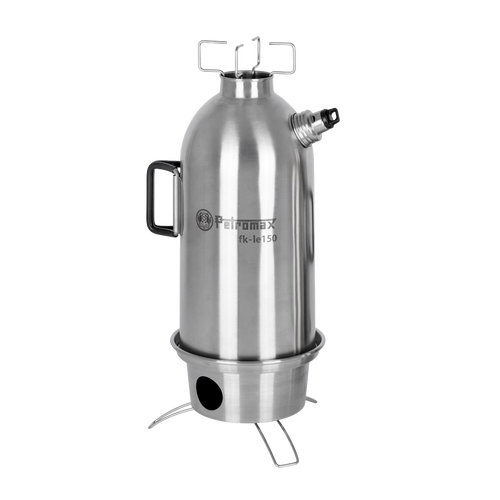 Stainless steel fire kettle with double-wall insulation for rapid boiling, featuring a screw-on lid and sturdy handle; ideal for camping, emergency use, and farm tool collections.