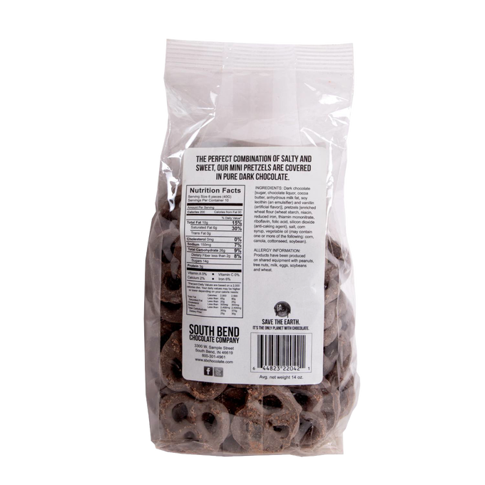 Clear resealable bag of handcrafted Amish-made chocolate covered mini pretzels in dark chocolate, a USA made snack ideal for Kitchen & Food, Snacks and Sweets, Candy, Best Sellers, and Promo Eligible collections.