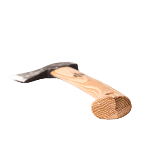 Handcrafted compact hatchet with tempered Swedish steel blade and smooth wooden handle, built for durability and power in farm, garden, hand tools, axes, and wood cutting collections.