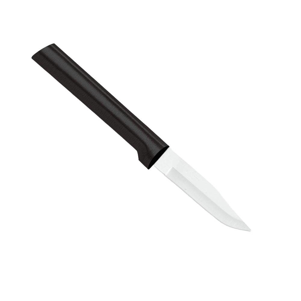 Small peeling paring knife with a sharp, non-serrated stainless steel blade and smooth dark handle, handcrafted and made in USA, perfect for precise food prep and kitchen tasks.