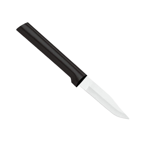 Small peeling paring knife with a sharp, non-serrated stainless steel blade and smooth dark handle, handcrafted and made in USA, perfect for precise food prep and kitchen tasks.