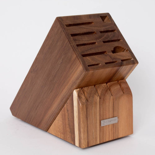 Wooden knife block with multiple slots for storing kitchen knives and sharpening tools, designed for organized storage in Farm, Garden & Tool, Kitchen & Food, and Knives & Axes collections.