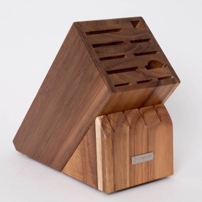 Wooden knife block with multiple slots for storing kitchen knives and sharpening tools, designed for organized storage in Farm, Garden & Tool, Kitchen & Food, and Knives & Axes collections.