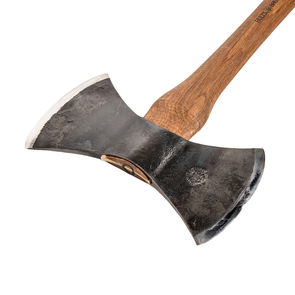 Handmade double bit axe with forged Swedish steel head and wooden handle, designed for wood cutting, featured in Farm, Garden & Tool, Farm Tools, Hand Tools and Hardware, Knives & Axes, Axes, Wood Cutting and Hauling, Best Sellers, and Promo Eligible collections.