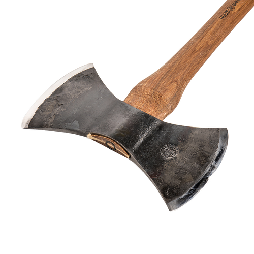 Handmade double bit axe with forged Swedish steel head and wooden handle, designed for wood cutting, featured in Farm, Garden & Tool, Farm Tools, Hand Tools and Hardware, Knives & Axes, Axes, Wood Cutting and Hauling, Best Sellers, and Promo Eligible collections.
