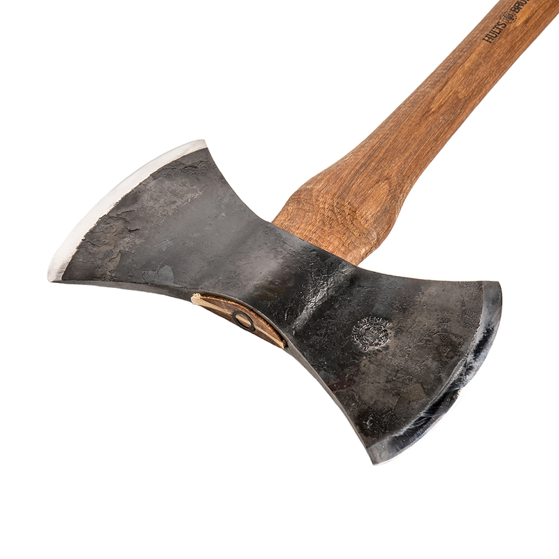 Handmade double bit axe with forged Swedish steel head and wooden handle, designed for wood cutting, featured in Farm, Garden & Tool, Farm Tools, Hand Tools and Hardware, Knives & Axes, Axes, Wood Cutting and Hauling, Best Sellers, and Promo Eligible collections.