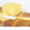 Soft yellow cheese wedge and slice on a wooden cutting board with a handcrafted resin cheese knife featuring a textured drafted blade and comfortable yellow and white handle, USA made, ideal for Kitchen & Food, Food Prep, and Specialty Equipment collections.