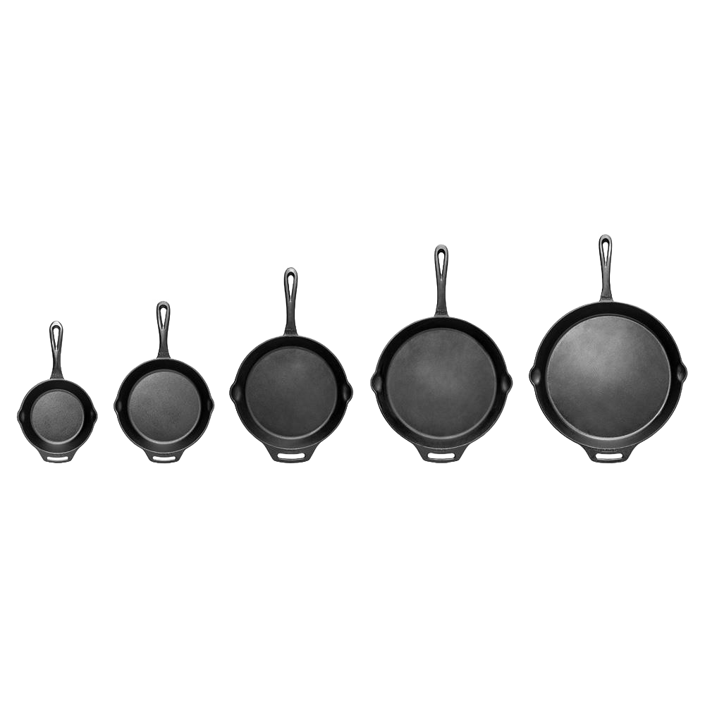 Set of five cast iron skillets with long handles, graduated in size from small to large, ideal for versatile cooking in Farm, Garden & Tool, Camping, and Kitchen & Food collections.