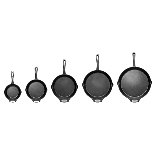 Set of five cast iron skillets with long handles, graduated in size from small to large, ideal for versatile cooking in Farm, Garden & Tool, Camping, and Kitchen & Food collections.