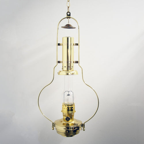 Polished brass hanging oil lamp with clear glass chimney and classic vintage design, ideal for Farm, Garden & Tool, Lamps & Lighting, Emergency Supplies, and Hanging Lamps collections.